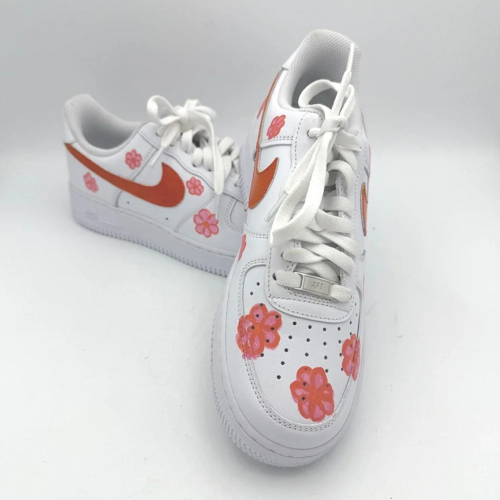 Nike Air Force‎ 1 Low Custom Floral Hand Painted White Orange Pink Sneakers
